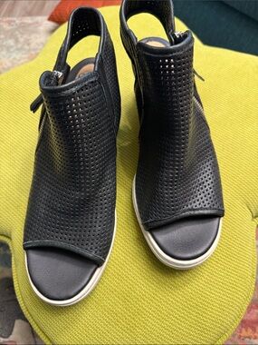 Sofft Black Perforated Peep-Toe Slingback Wedge Mules